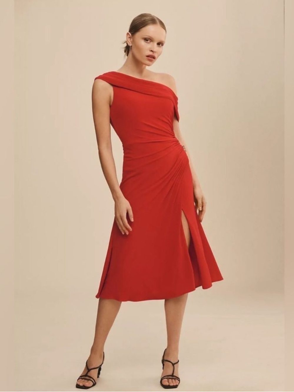 NWT Ieena Mac Duggal Dress Off The Shoulder Foldover Ruched Midi in Red
